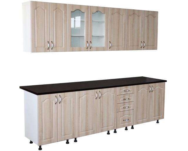 Bucatarie Zebra 260 cm din MDF Sonoma Mustata cu blat termoizolant negru